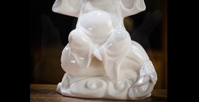 QINLANG Small Ceramic White Laughing Buddha Statue for Good Luck, Lucky Happy Buddha Statue Sitting on Money Bag for Good Luck and Prosperity