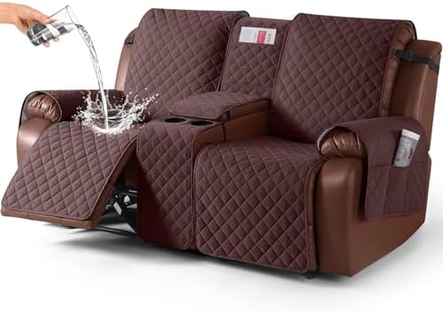 KinCam 100% Waterproof Recliner Loveseat Cover with Console, Non-Slip Reclining Couch Covers for 2 Seat, Recliner Sofa Cover Furniture Protector with Elastic Straps for Kids, Pets, Coffee