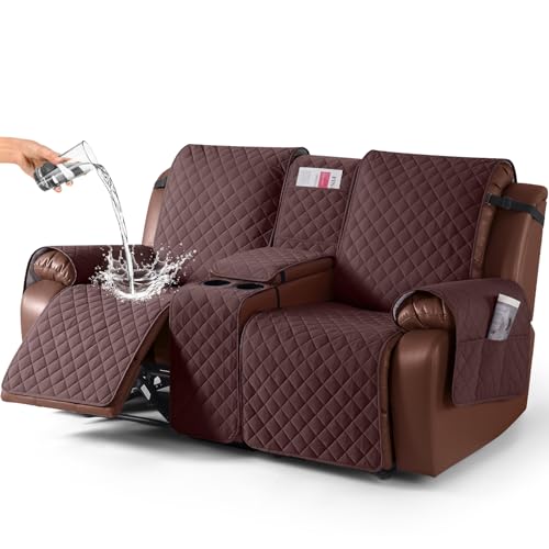 Image of KinCam 100% Waterproof Recliner Loveseat Cover with Console, Non-Slip Reclining Couch Covers for 2 Seat, Recliner Sofa Cover Furniture Protector with Elastic Straps for Kids, Pets, Coffee