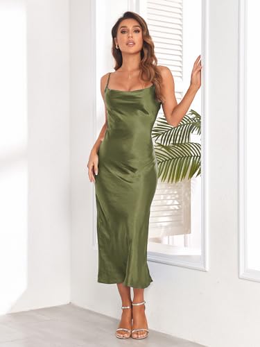 Image of Women's Spaghetti Strap Midi Satin Silk Dresses Slip Cowl Neck Party Cocktail Evening Sexy Dress