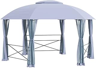 Outsunny 4 x 4.7(m) Patio Metal Gazebo Canopy, Hexagon Shape Garden Gazebo, Outdoor Sun Shade Shelter with 2 Tier Roof, Netting, Steel Frame - Grey