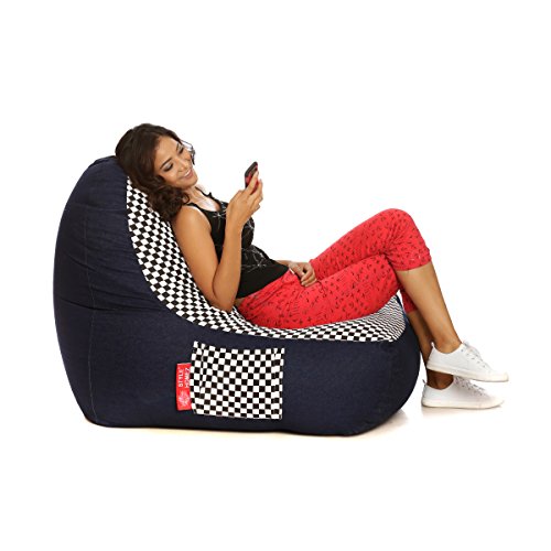 Image of Style Homez Urban Design Denim Canvas Checkered Printed Chair Bean Bag XXL Size Filled with Beans Fillers