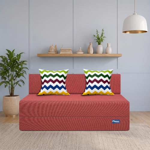 Image of Starlon 3 Seater Foldable Sofa Cum Bed 3-in-1 with 2 Waves Pattern Pillows, Washable Jute Fabric Cover, Space Saving Guest Bed, Pre-Assembled Royal Maroon 5x6.5 Ft