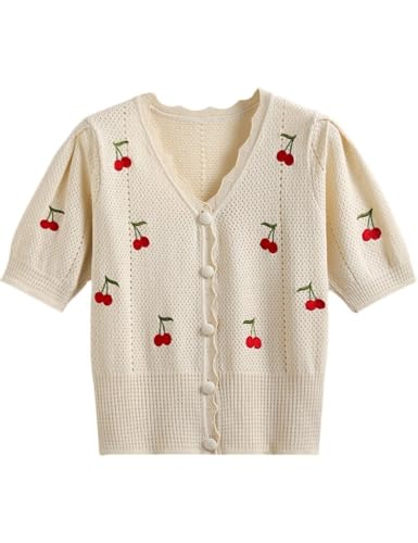 Xunger Women's Cute Cherry Embroidery Knit Cardigan V-Neck Summer Crochet Cropped Top Lightweight Casual Blouse