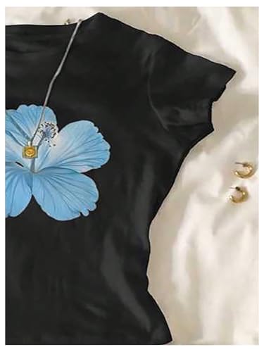 Image of RoseSeek Girl's Floral Graphic Crop Tops Tees Short Sleeve Crewneck Cute Slim Fit T Shirt Summer Tops