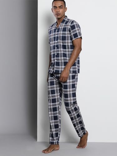 Image of The Indian Garage Co Men Regular Fit Checkered Pant & Shirt Lounge Set