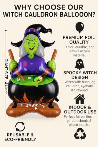 Image of AMFIN (Pack of 1) Self Standing Halloween Witch Cauldron Foil Balloon - 44 Inch Large Inflatable Witch with Cauldron Decoration -Multi
