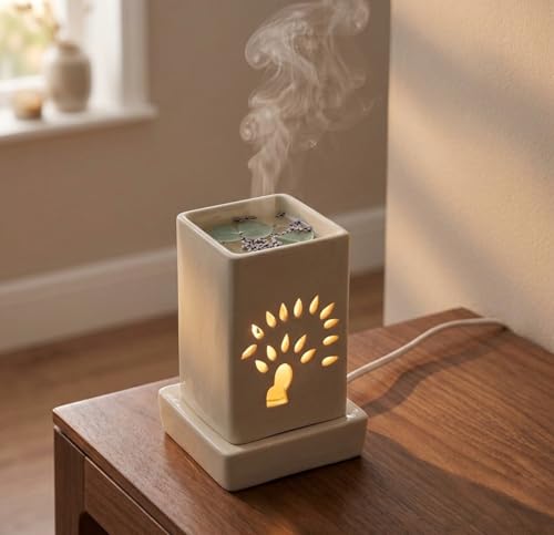 Image of Mkd2 Rise Ceramic Electric Aroma Diffuser Oil Burner Lamp I Oil Diffuser Electric for Home Fragrance at Home, Office, Hotel - Square (7 inch, Ivory White)