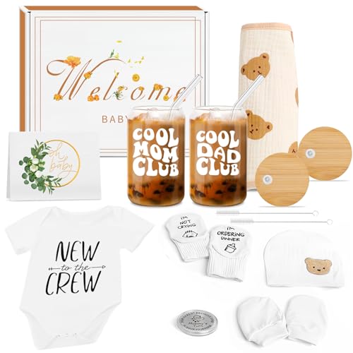 BELIVIUM Newborn Gifts Set Gender Neutral Baby Shower Gifts Gender Reveal Gifts for Parents to Be, New Mom Dad Gifts Mom Dad Coffee Glass & Baby Items, Mom to Be Gift Pregnancy Gifts for Expecting Mom