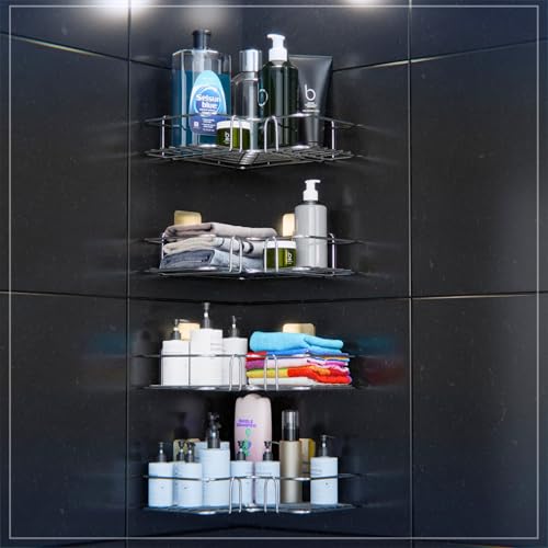 Image of Stainless Steel Corner L Shelf Storage Organizer Bathroom & Kitchen | No Drill Self Adhesive Corner Stand for Kitchen Sink | Wall Mount Bathroom Organiser Shelves Rustproof (Set of 4)