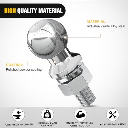 Image of Nilight 2-Inch Diameter Chrome Trailer Hitch Ball, 10,000 lbs, 1-1 /4 x 2-5 /8-Inch Shank Universal Fit,Gray