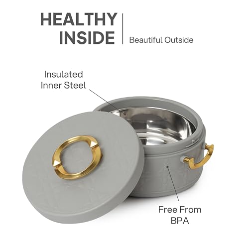 Image of CELLO Ornetto Big Set of 3 Pcs Insulated Steel Casserole Hot Box for Kitchen, Grey (1500ml, 2000ml, 2500ml) | Airtight Hot Pot Case Keeps Food Hot & Warm, Casserole Set for Roti Chapati Rice Biryani