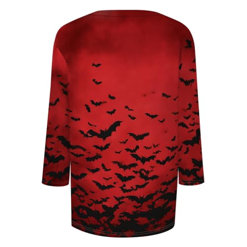 Image of Women Spooky Halloween Graphic Shirt 3 /4 Length Sleeve Crewneck Top | Halloween Funny Printed Pumpkin Plus Size Tshirts 2026 Fall Outfits Skeleton Tee Going Out Tops