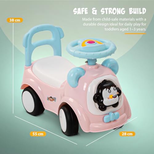 Image of Snappy Baby Ride on Cars for Kids | Indoor Push Ride on Car with Safety Backrest & Toy Storage | Portable Kid Cars with Music & Horn | Outdoor Rider car for Kids 1 to 3 Years (Pink)