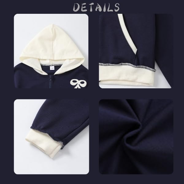 Image of Yoxindax Girls' 2-Piece Clothes Bow Print Zip-Up Hoodie Contrast-Color Wide-Leg Pants Winter 7-14Y Outfits Set