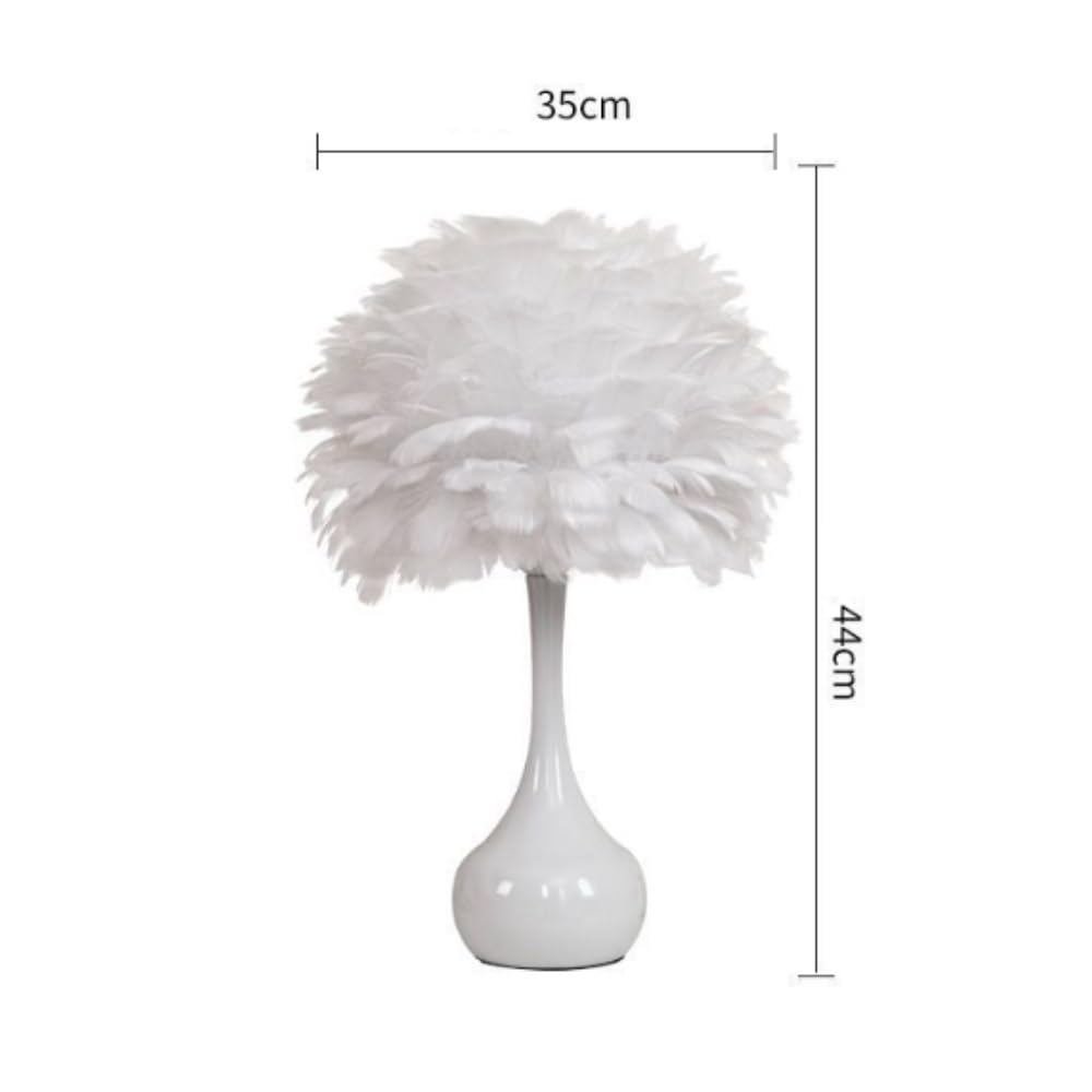Lampada da tavolo con piume, romantica lampada da comodino | Paralume in piuma, stile romantico, base in metallo, luce ambientale, arredamento della(White)