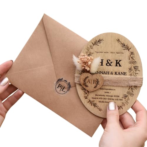 Floral & Wooden Wedding Invitation, Rustic Invitation with Hand Painted