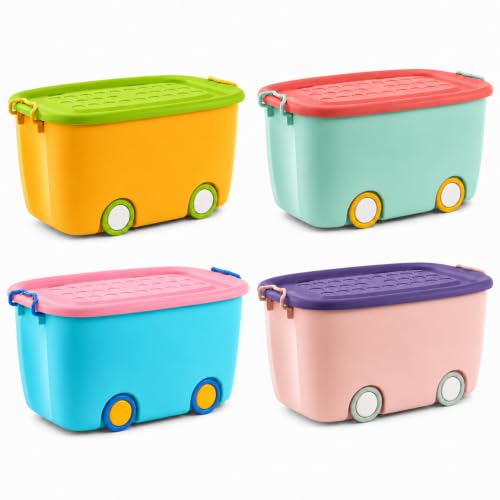 Image of STAR WORK Multipurpose Durable Storage Box Colorful Car-shaped Children's Toy Storage Container with Wheels and Handle (Pack Of 4, 45 Liter)