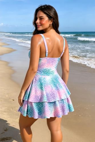 Image of Halcurt Women's One Piece Swimsuit with Skirt Ruched Ruffle Tummy Control Swim Dress Bating Suit