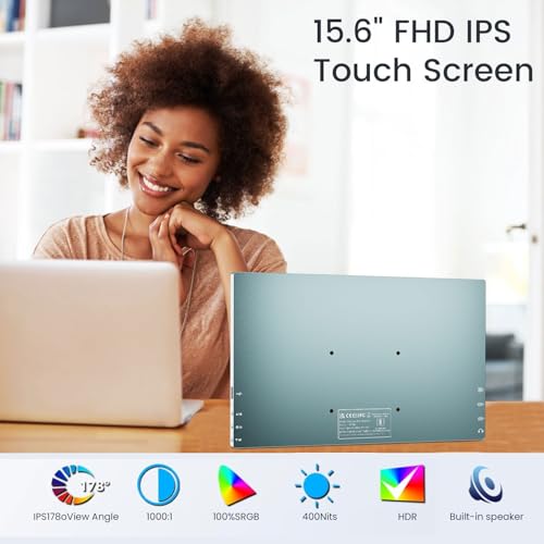 Image of Prechen 15.6'' Touchscreen Portable Monitor, FHD IPS Display with Built-in Speaker & Protective Case, 10-Point Touch Screen, HDMI & USB-C Travel Monitors for Laptop, PC, Phone,Metal Gray + White
