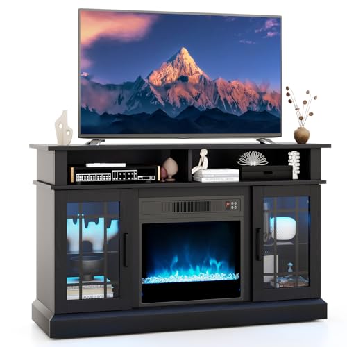 TANGZON Electric Fireplace Insert TV Stand, Freestanding Media Console Table Entertainment Center with 1800-2000W Heater & Remote Control (Black with Lights, 19 Fireplace,121x40x74cm for 50 TV)