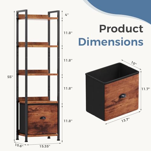 Image of DUMOS 5 Tier Bookshelf with Fabric Drawer, Tall Industrial Bookcase, Narrow Display Standing Shelf, Wood and Metal Storage Shelf Organizer in Bedroom, Living Room, Brown