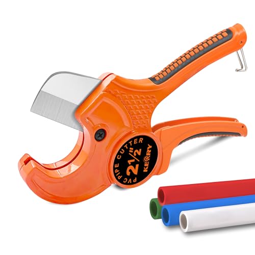 Kerry PVC Pipe Cutter, Up to 2-1/2" Ratcheting Heavy-Duty PEX POLY PE Plastic Hoses and Plumbing Tube Cutting Tool, Stainless Steel Blades, Thicken Aluminum Body Efficient Extended Handle