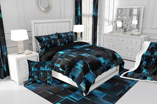 Homewish Black and Blue King Size Duvet Cover Sets Modern Geometric Comforter Cover Gradient Neon Cubes Boys Black Bedding Set,Abstract Square Grid Bed Set Lattice Wall Brick Bedding & Linen - Image 4