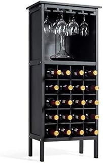 TANGZON 20-Bottle Wine Cabinet, Wooden Bar Cabinet with Glass Holders & Open Shelf, Freestanding Drinks Wine Storage Display Organiser for Home, Kitchen, Cellar and Pantry (Black)