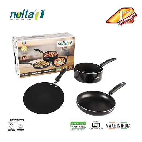 Image of Nolta FMS 3-Piece Cookware Set, ISI Certified, 1yr Replace Guarantee (Fry Pan 24cm + Multi Tawa 26cm + Sauce Pan 20cm) Premium Non Stick Coating PFOA Free Kitchen Collection
