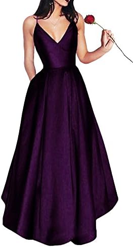 Yangprom Long Spaghetti Straps V-Neck Satin A-Line Prom Dress With Pockets