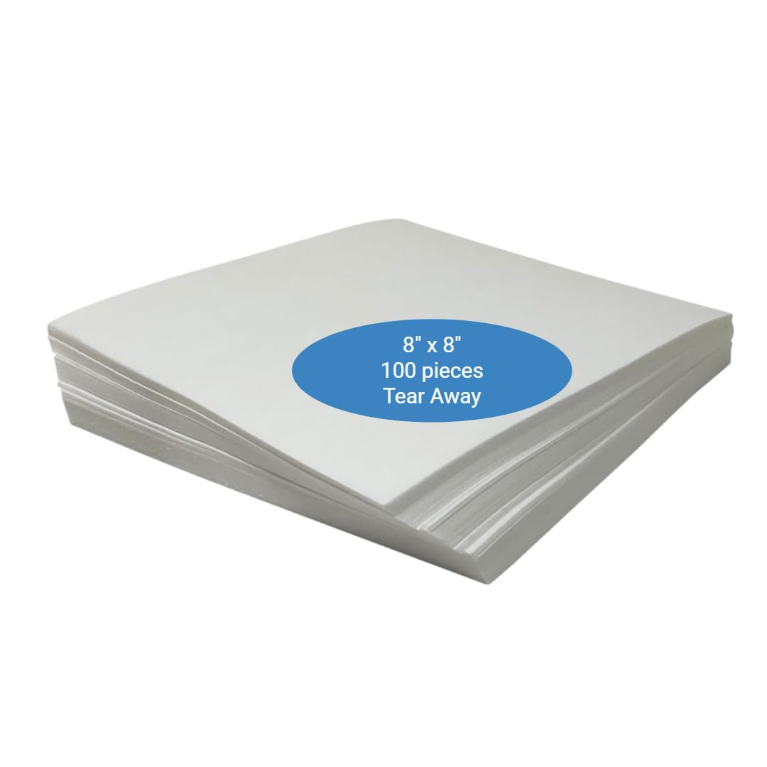 Tear Away Machine Embroidery Stabilizer Backing - 1.8 Ounce Medium Weight 8"x8" Fits 4x4 Hoops 100 Precut Sheets by H.B.I. Products