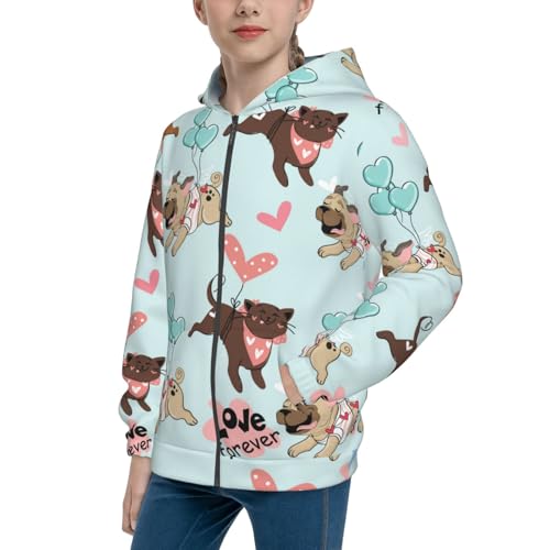 Cute Pug Dogs Kids Pullover Hoodies Boys Zip Up Sweatshirts Girls Athletic Clothes with Pocket