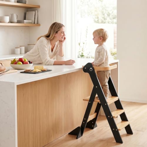 COSYLAND Lernturm Faltbar Montessori Learning Tower Holz, Schwarz/Natur | Faltbarer Tritthocker mit doppelten Stützfüßen & Sicherheitsnetz. 2-fach höhenverstellbar für Küche & Bad,