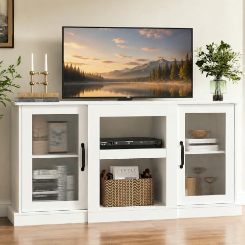 WLIVE 58' Farmhouse TV Stand for 65 Inch TV, Tall Entertainment Center with Storage Cabinets & Adjustable Shelves, Modern Media Console Table with Acrylic Doors for Living Room Bedroom, White