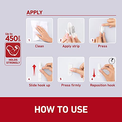 3M Command Small Designer Hooks, Holds up to 450 gms, No Paint Damage, Holds Strongly, Reusable, Adhesive hooks for wall, Multi-surface (White, 2 hooks, 4 strips)