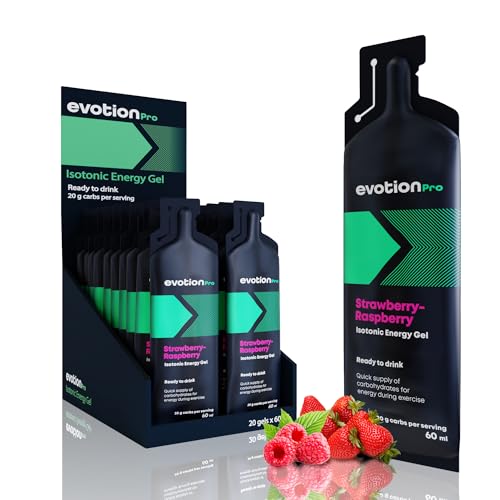 EVOTION PRO Isotonic Energy Gel (20 x 60ml) - 80 kcal 20g de carbohidratos - Geles Energéticos Ciclismo a base de maltodextrina, Ideal para Running, Ciclismo y Triatlón - Sabor Fresa-Frambuesa