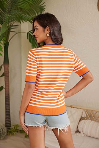 Image of Womens Tops Summer Short Sleeve Shirts Striped Sweater Cute Casual Top Trendy Women Clothing Crewneck Knit Blouses