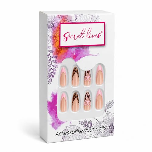 Image of Secret Lives Glossy Pink French Tip Press-On Nails with Leopard Print With 3D Bow Artificial Nail Art, 24-Piece Set with Kit