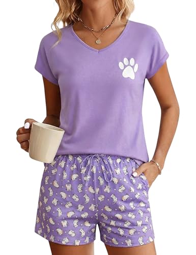 Jahetuul Pyjama Femme Coton à Col en V Ensembles de Pyjama Femme à Manches Courtes avec Short avec Imprimé Chat et Poches Pyjamas Short Douce Confortable