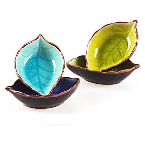 MonLiya 4 Pcs Sauce Dishes, Leaves-Shape Dishes Plates Ceramics Mini Side Seasoning Dish Condiment Dishes Cover