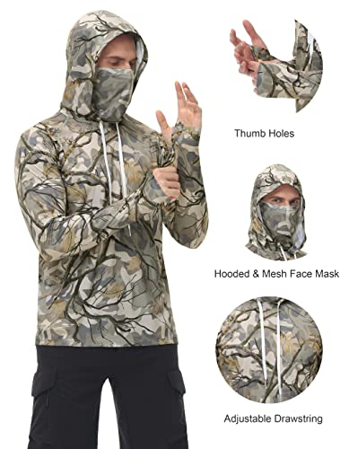 FISHEAL Men's Hunting Shirts with Mask - UPF 50+ Camo Long Sleeve Fishing Hoodie Shirt with Adjustable Drawstring3