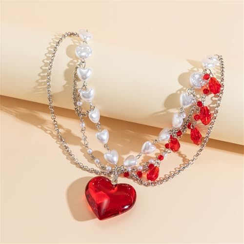 Layered Chunky Puffy Heart Choker Necklace Cute Y2k Necklace Red Crystal Heart Necklace Big Heart Pendant Necklace Pearl Heart Necklace Dopamine Necklace for Women (Red) by IS4U - Image 3