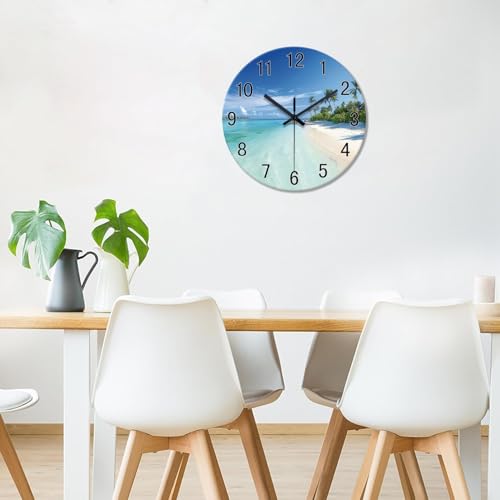 Image of XFM Beach Coastal Wall Clock 16 Inch Blue Seascape | Battery Operated Tropical Modern Glass Decorative for Living Room Bedroom Kitchen Office Silent Non Ticking