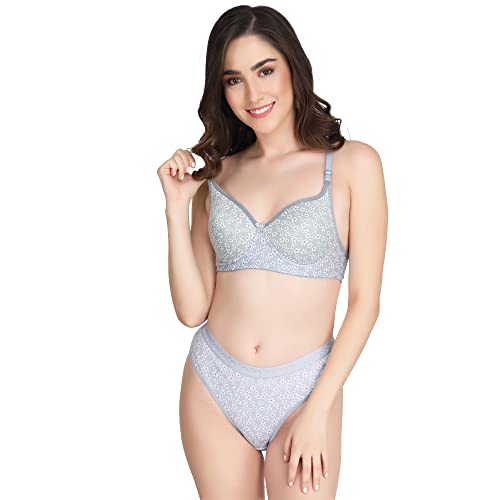 Image of Women Padded Printed Bra Panty - Made of Pure Cotton Full Coverage Non Wired Seamless Pushup Soft Cup for T-Shirt Saree Dress Sports Garment for Daily Use Everyday