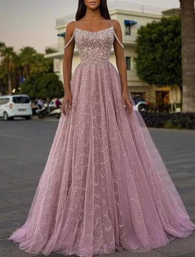 Zepumen Cold Shoulder Sequin Prom Dresses Sparkly Tulle Long Ball Gowns Formal Evening Party Gown2