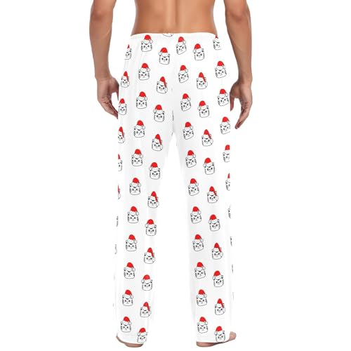 Christmas Hat Kitten Men's Pajamas Pants Cotton Sleep Bottoms Pants Lounge Sleepwear - S3