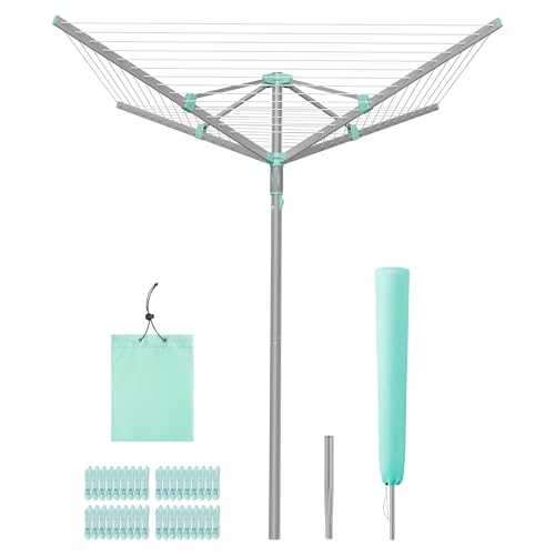 SONGMICS Étendoir à Linge, Séchoir Parapluie, Rotatif, Pliable, pour Extérieur, Jardin, avec Pinces à Linge, Housse de Protection, Argent, 50 m de Corde à Linge, pour 5 Machines LLR307EZ01