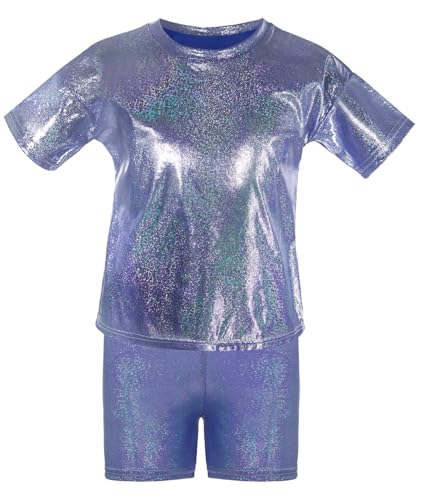 SEAUR Kids Girls Boys Metallic Shirt with Shiny Shorts Hip Hop Tops Sparkly T Shirts Modern Jazz Dance Party Performance Costume Blue 7-8Y