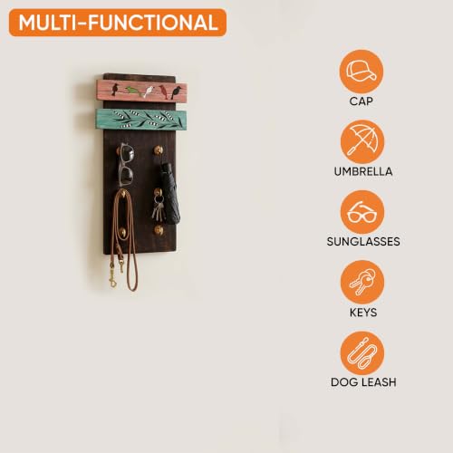 Image of AAKRITI ART CREATIONS Key Holder, Melodic Wings Key Holder | Rustic Mango Wood Wall Organizer with 6 Hooks | New Home Gifts | Multifunctional Entryway Decor Item